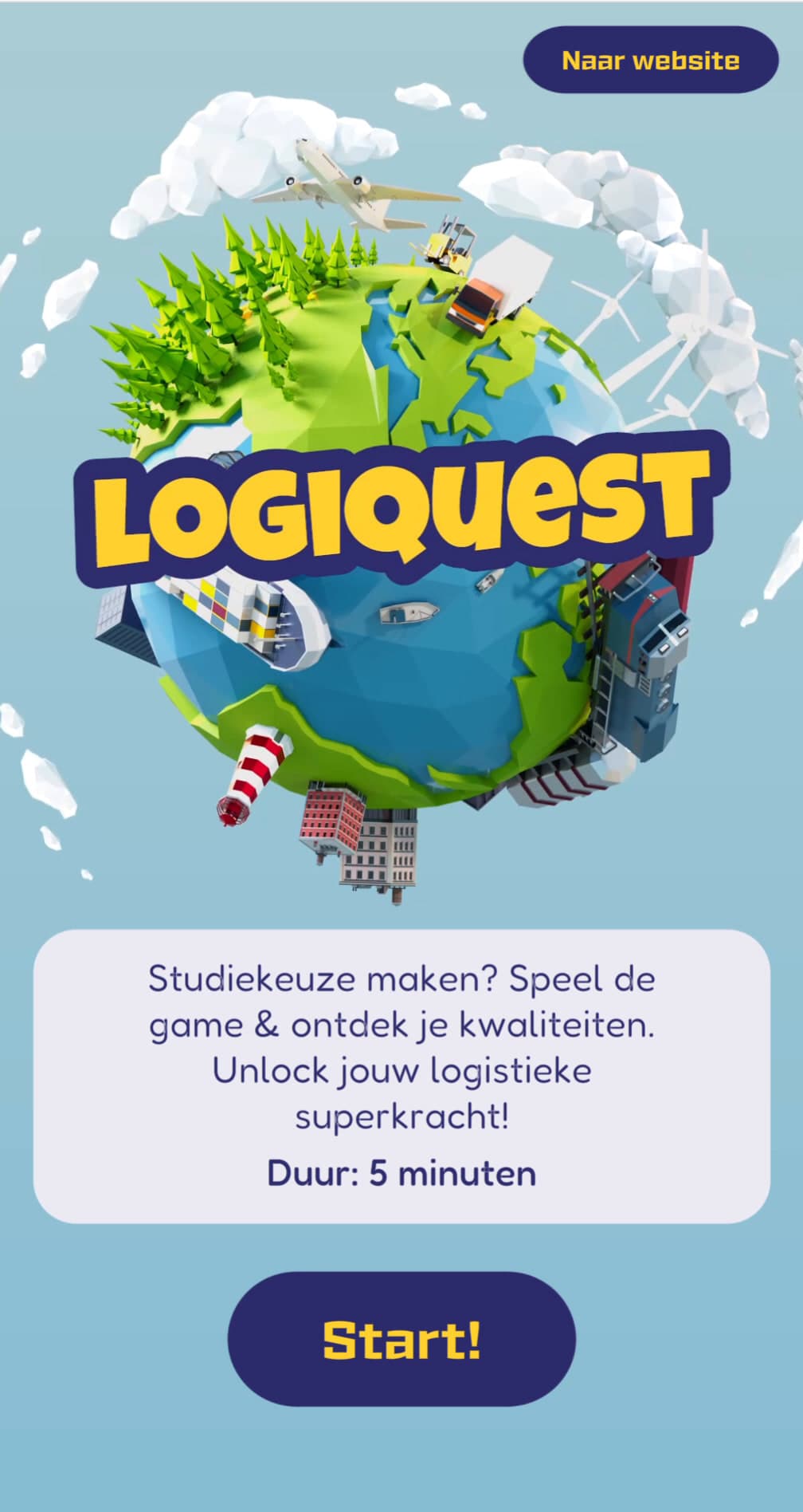 The LogiQuest start screen: play the game, discover your qualities, and unlock your logistics superpower. Playtime: five minutes.