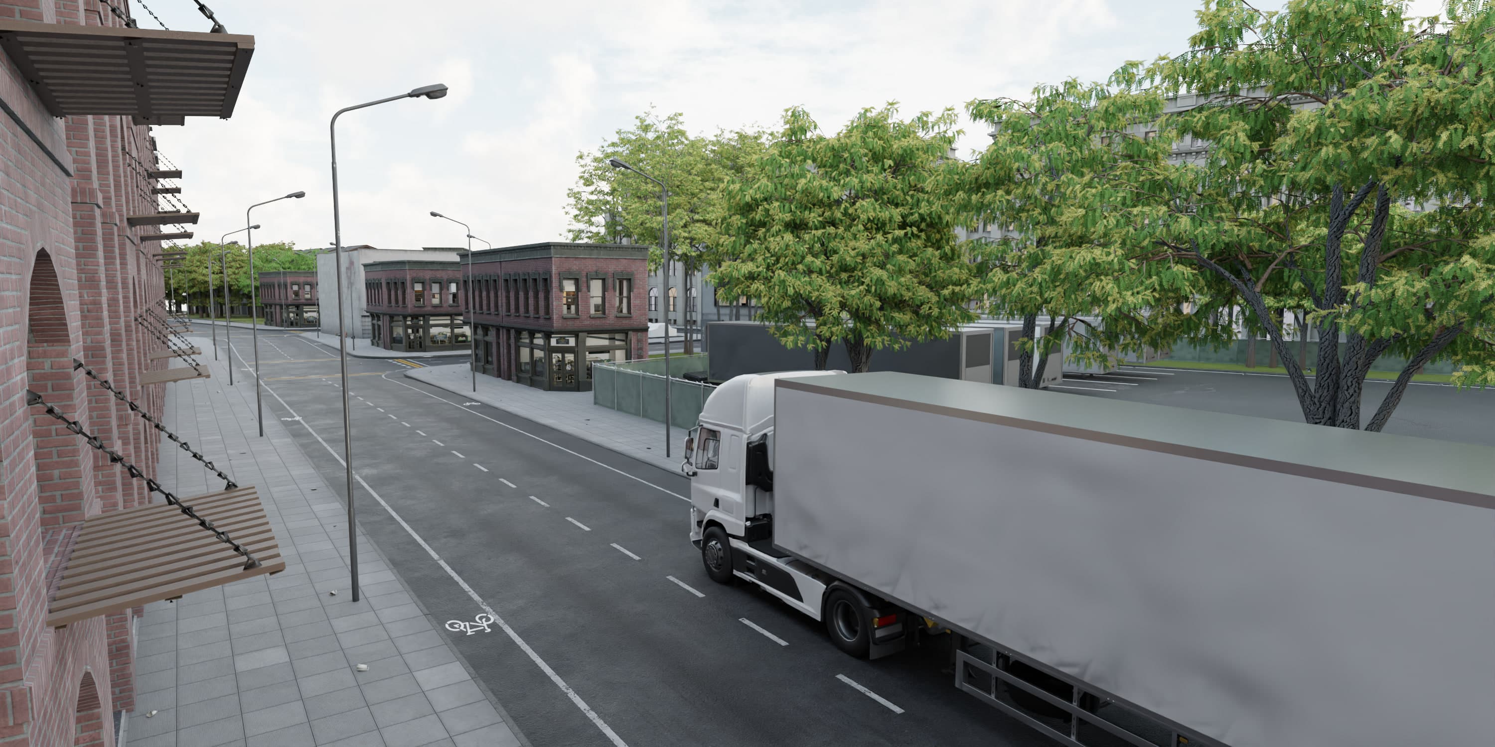 The truck navigating through the town. Streets are lined with buildings and props to keep the viewer naturally inside the world.