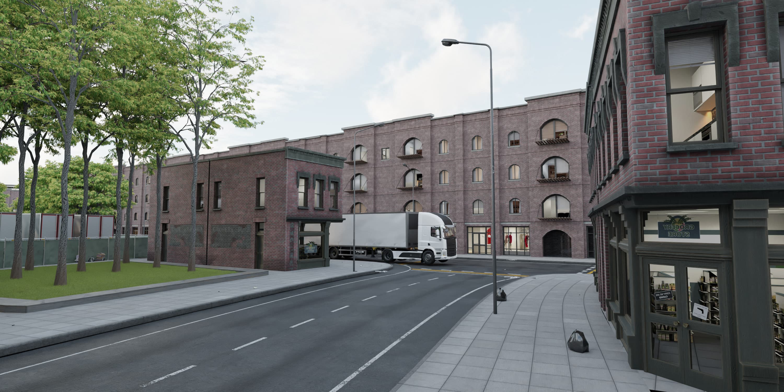 The truck passing through a brick-facade street. All sightlines are blocked by architecture so the 360 view always feels enclosed.