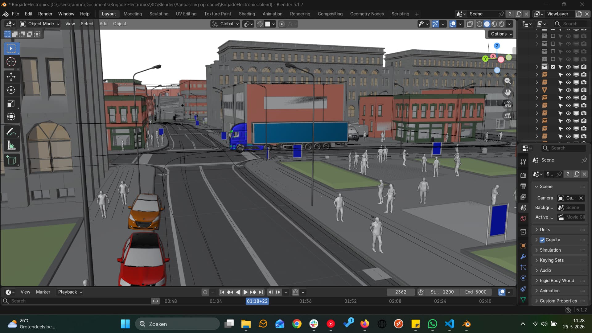 Blender viewport showing the scene populated with pedestrians, cars, and props using geometry nodes.
