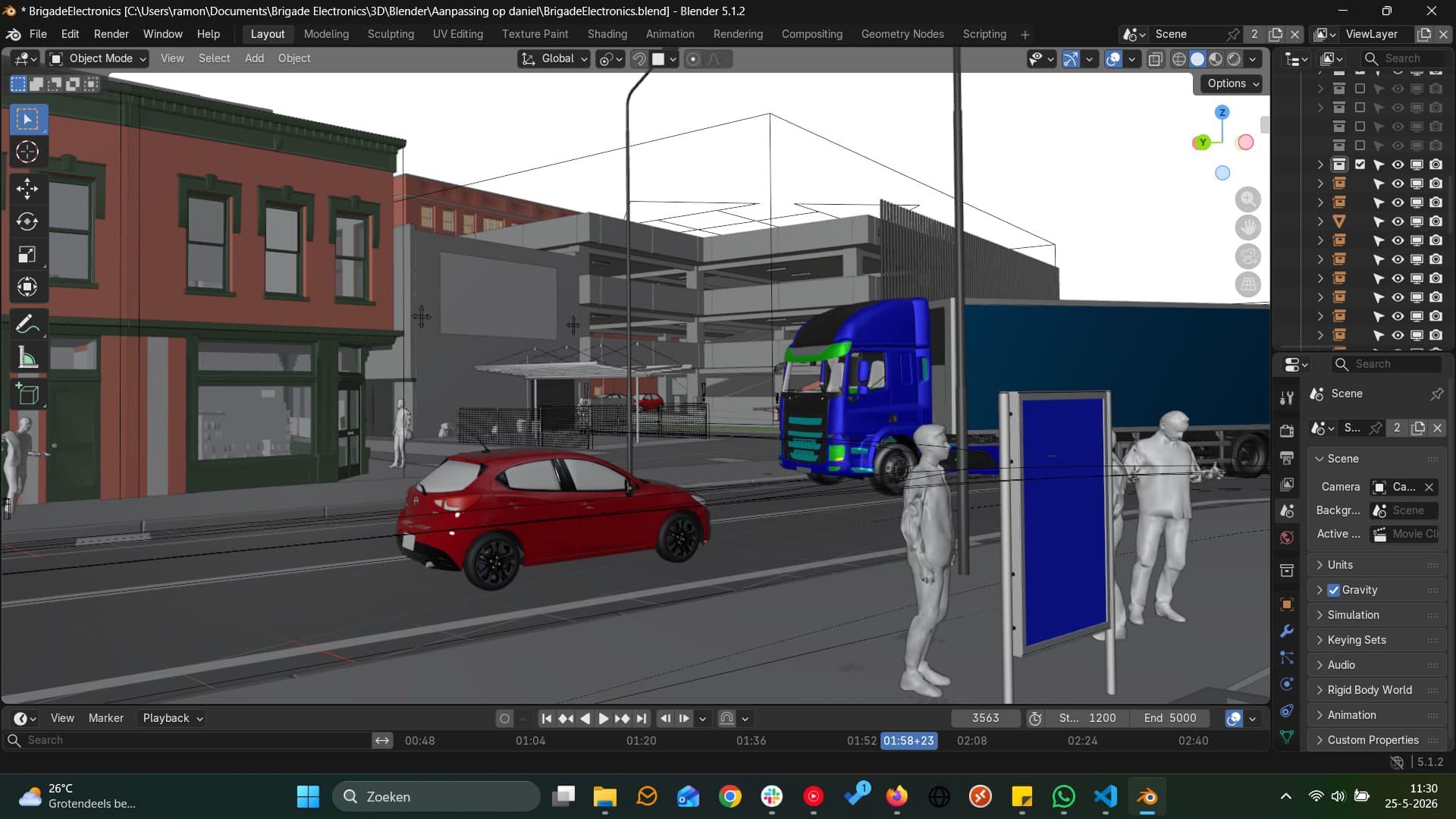 Blender viewport showing one of the town streets under construction, with the geometry node setups used for props and pedestrians.