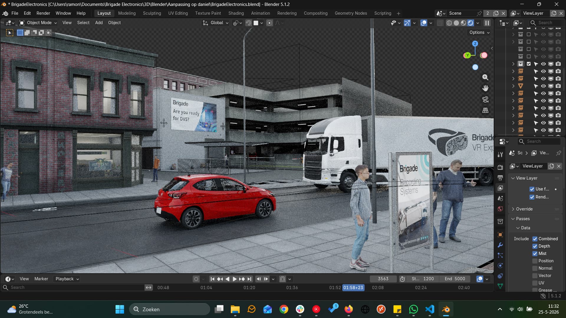 Blender viewport with Brigade branding billboards and posters integrated into the environment.