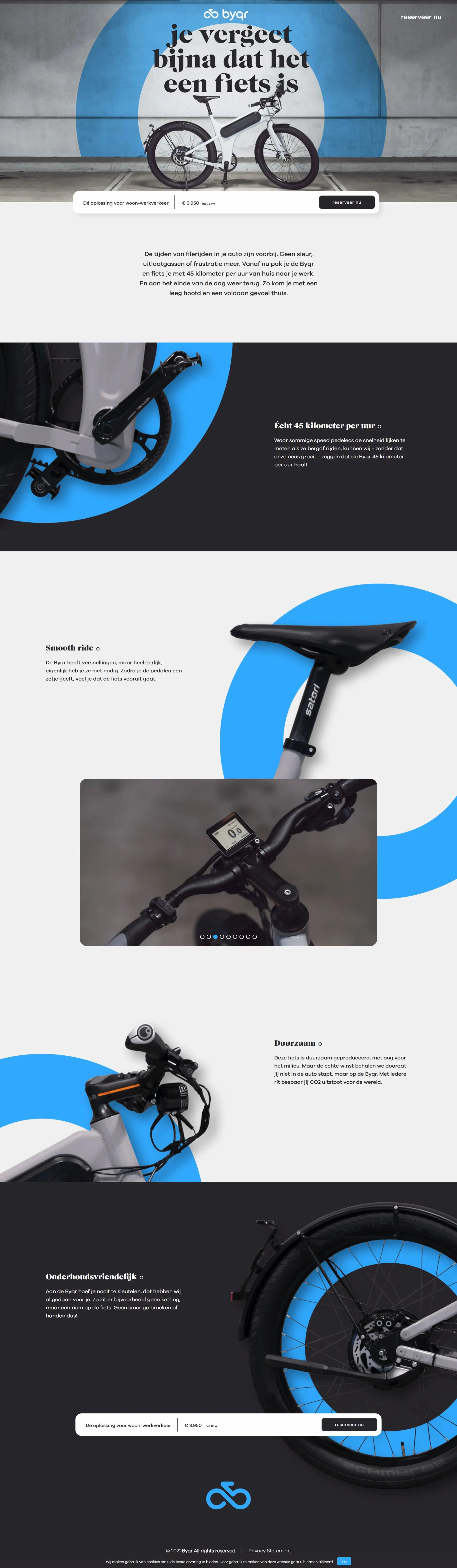 The full desktop one-pager, top to bottom: key visual with price and reservation bar, then the feature sections (45 km/h, smooth ride, sustainability, low maintenance) with a photo carousel in between.