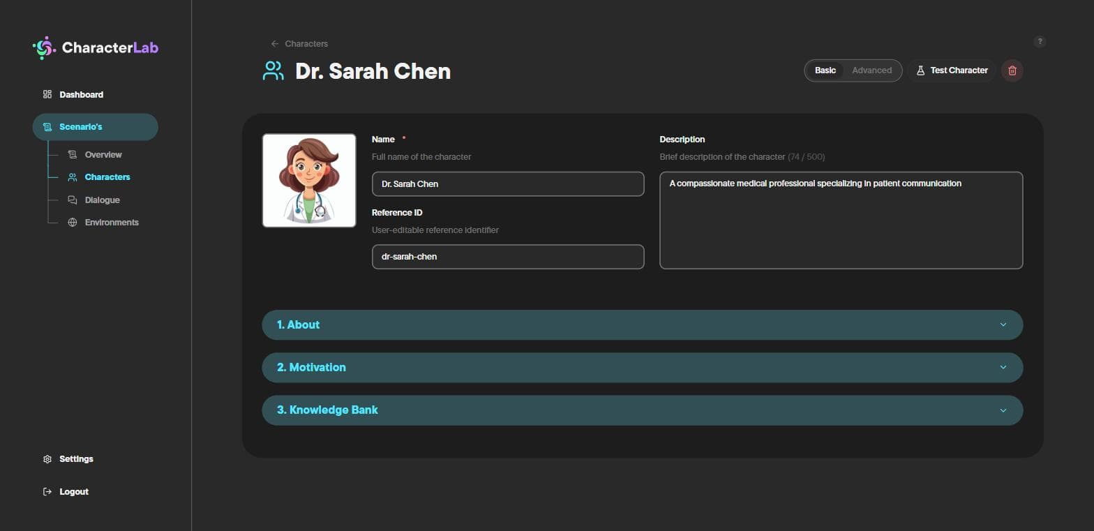 The same character switched to Basic mode: About, Motivation and Knowledge Bank only. A quick profile a trainer can fill in without touching a single slider.