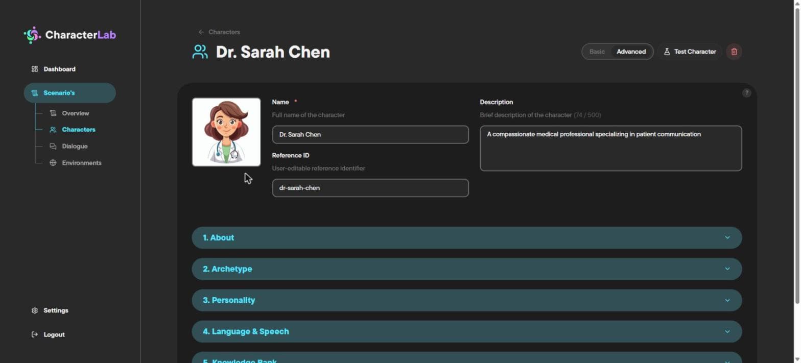 The character configurator, opened on Dr. Sarah Chen in Advanced mode. The form and its tabbed sections are generated straight from the character schema.