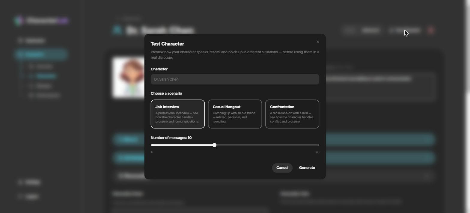 The chat simulation feature: pick a scenario type and message count to preview how a character actually talks before wiring it into a real training build.
