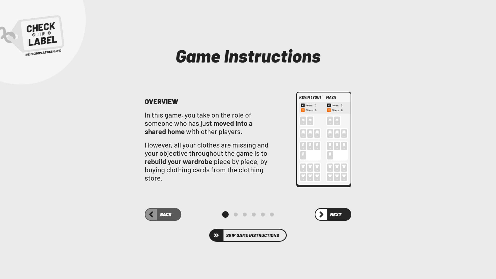 The tutorial introduction explaining the premise: you've just moved into a shared home and need to rebuild your wardrobe