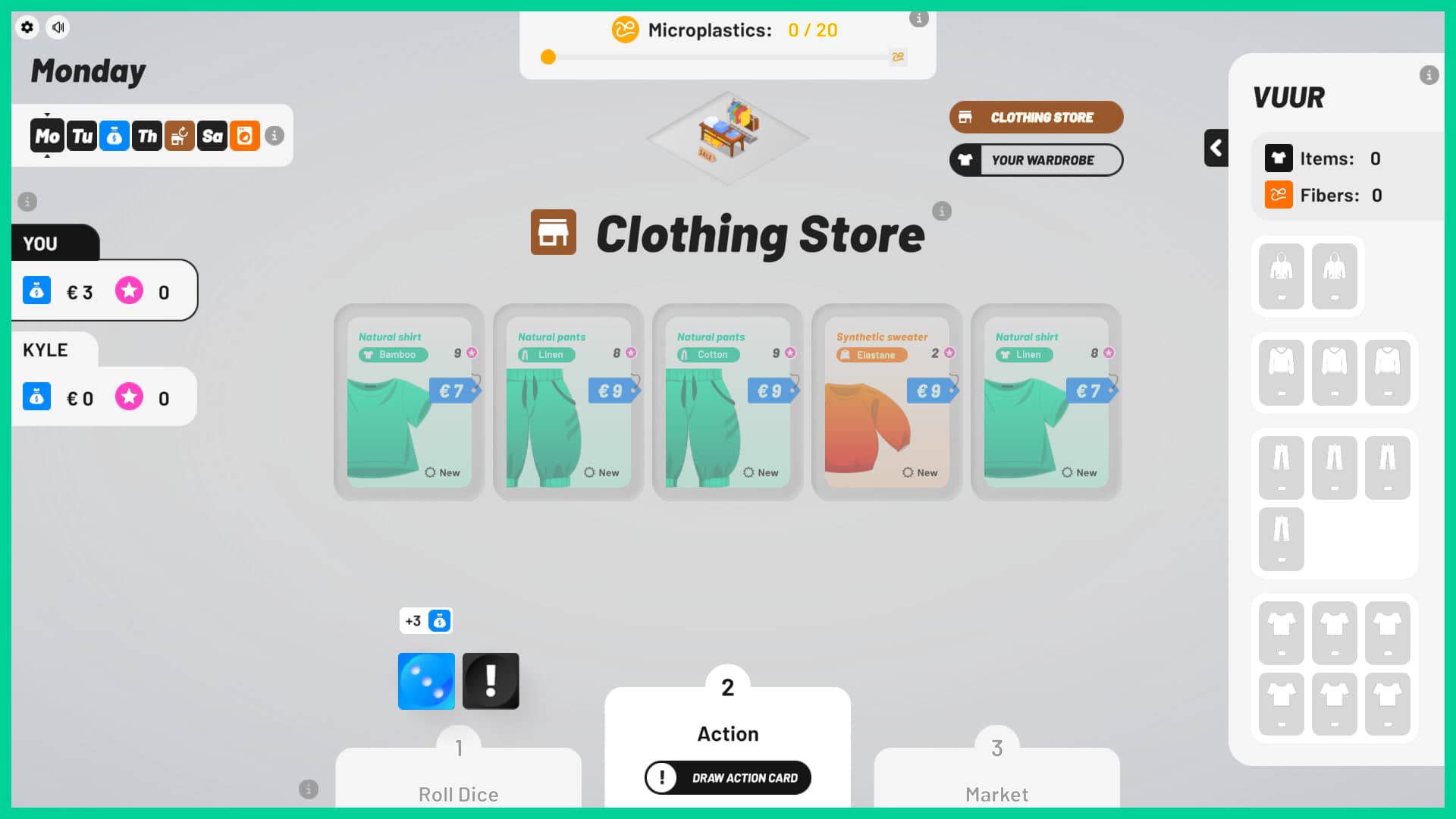 The clothing store during a turn: five cards are dealt and the player buys within their budget, with natural and synthetic items both on offer