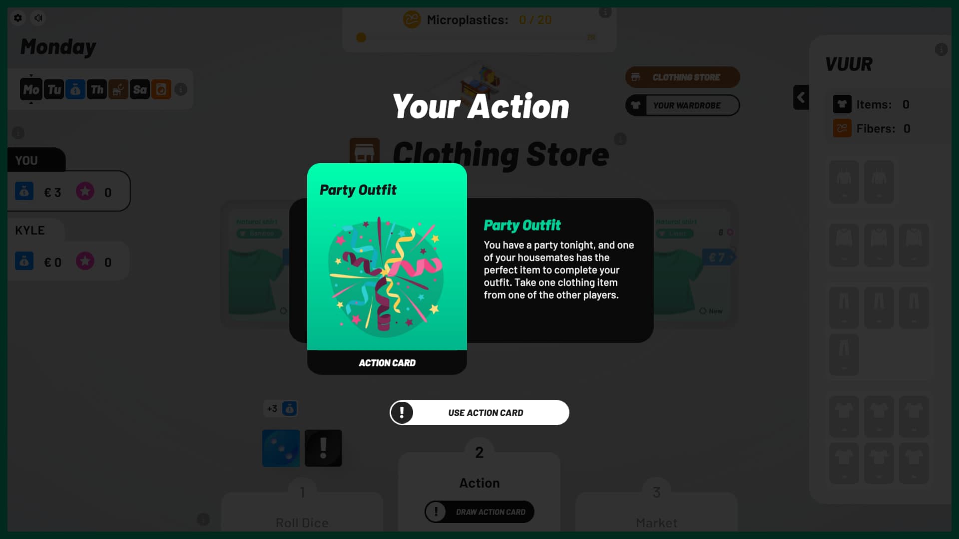 An action card drawn mid-turn: 'Party Outfit' forces the player to take a clothing item from another player's wardrobe