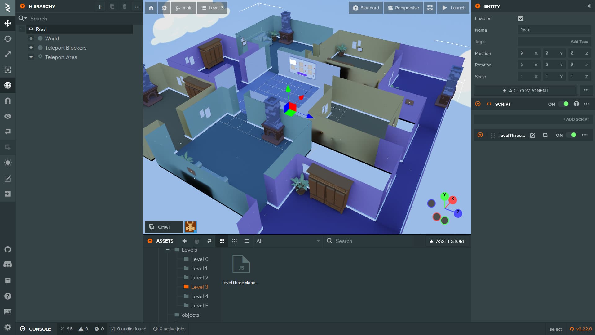 PlayCanvas editor view of the museum level. Players pick six correct artifacts from a room full of decoys.