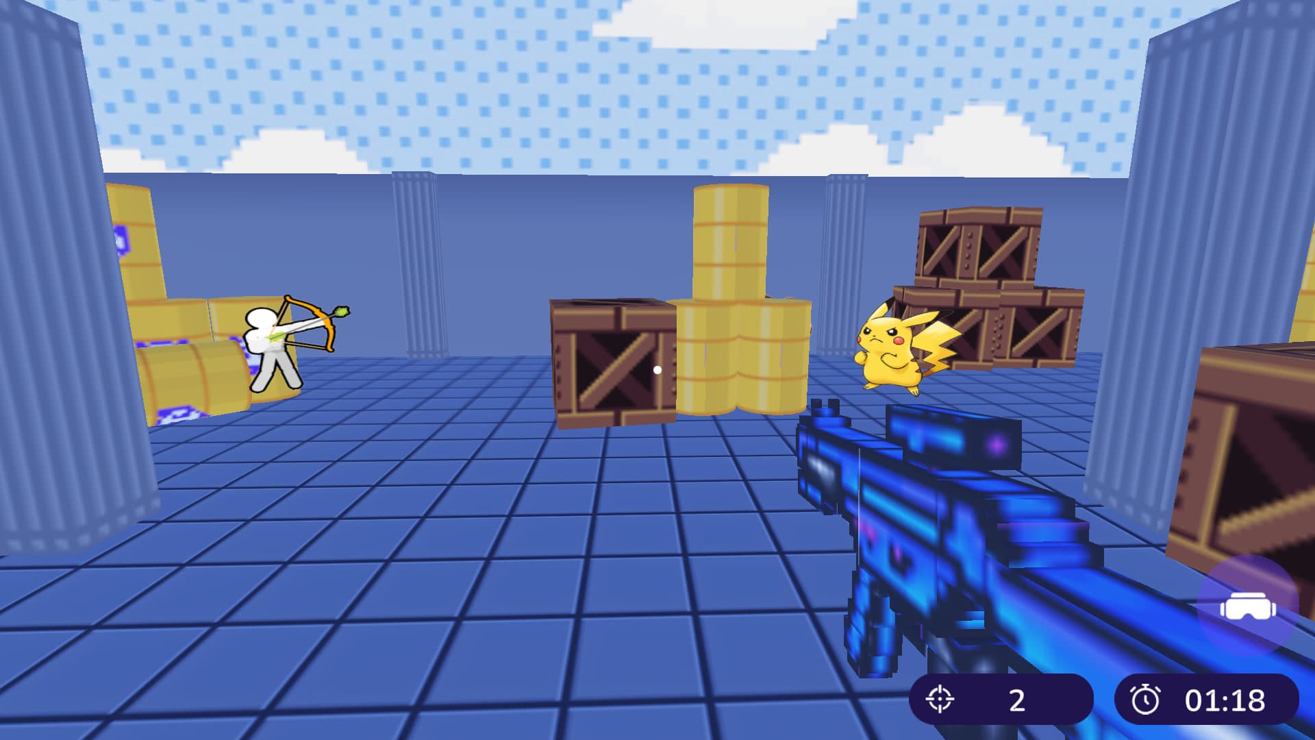 Level 1: Shooting gallery. Enemies and decoys pop out from behind crates. Friendly fire costs time.