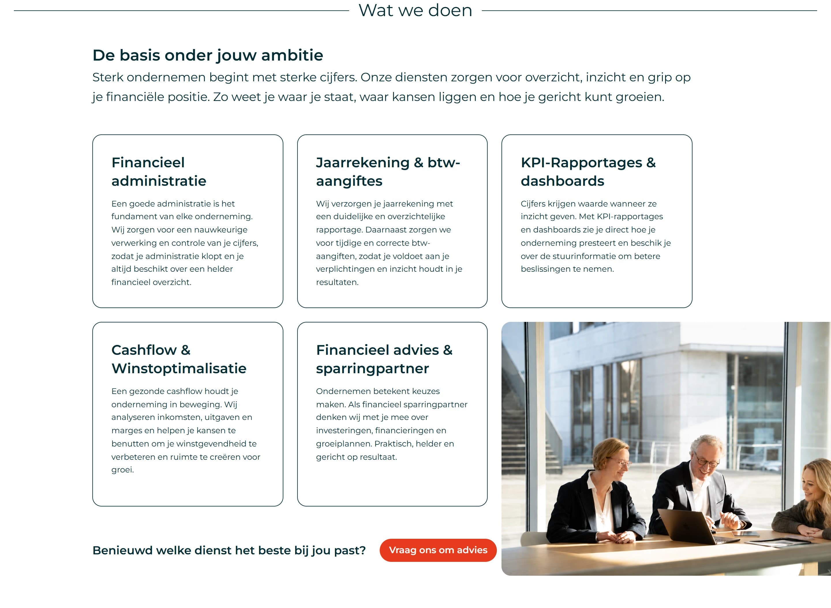 The "Wat we doen" (what we do) section: five services in outlined cards, with a photo filling the sixth spot and a call to ask for advice.