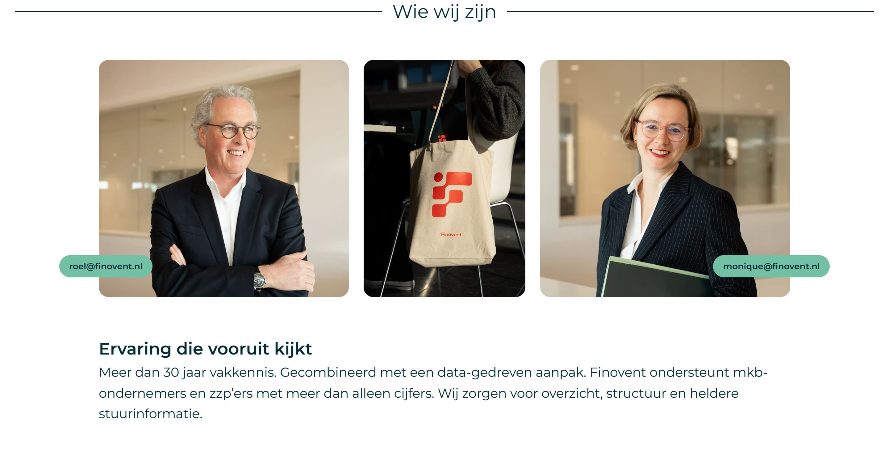 The "Wie wij zijn" (who we are) section: portraits of founders Roel and Monique, each with an email button, around a photo of a Finovent tote bag.