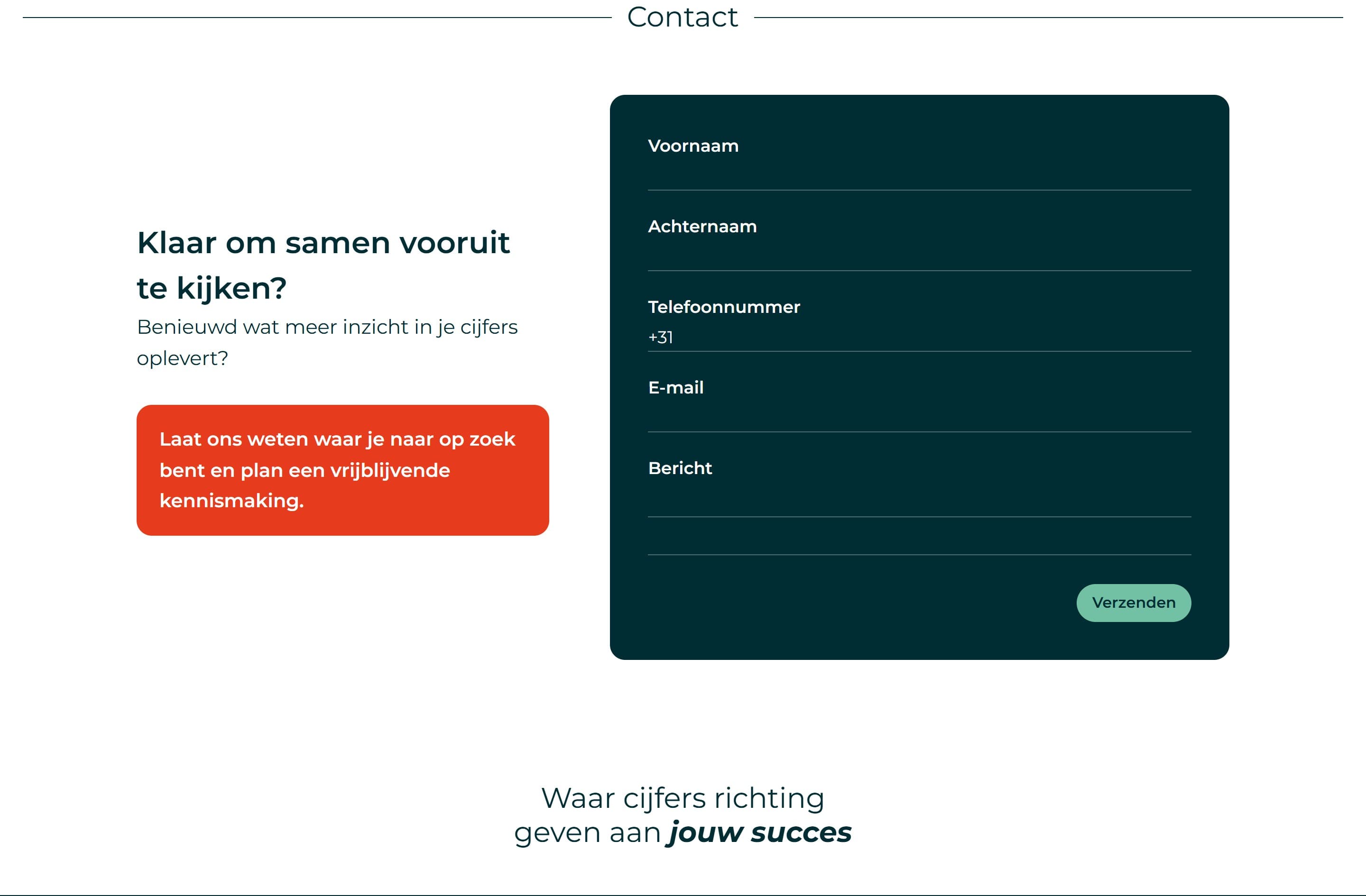 The contact section: an invitation to plan an introduction next to the contact form, which has a country code in front of the phone number.