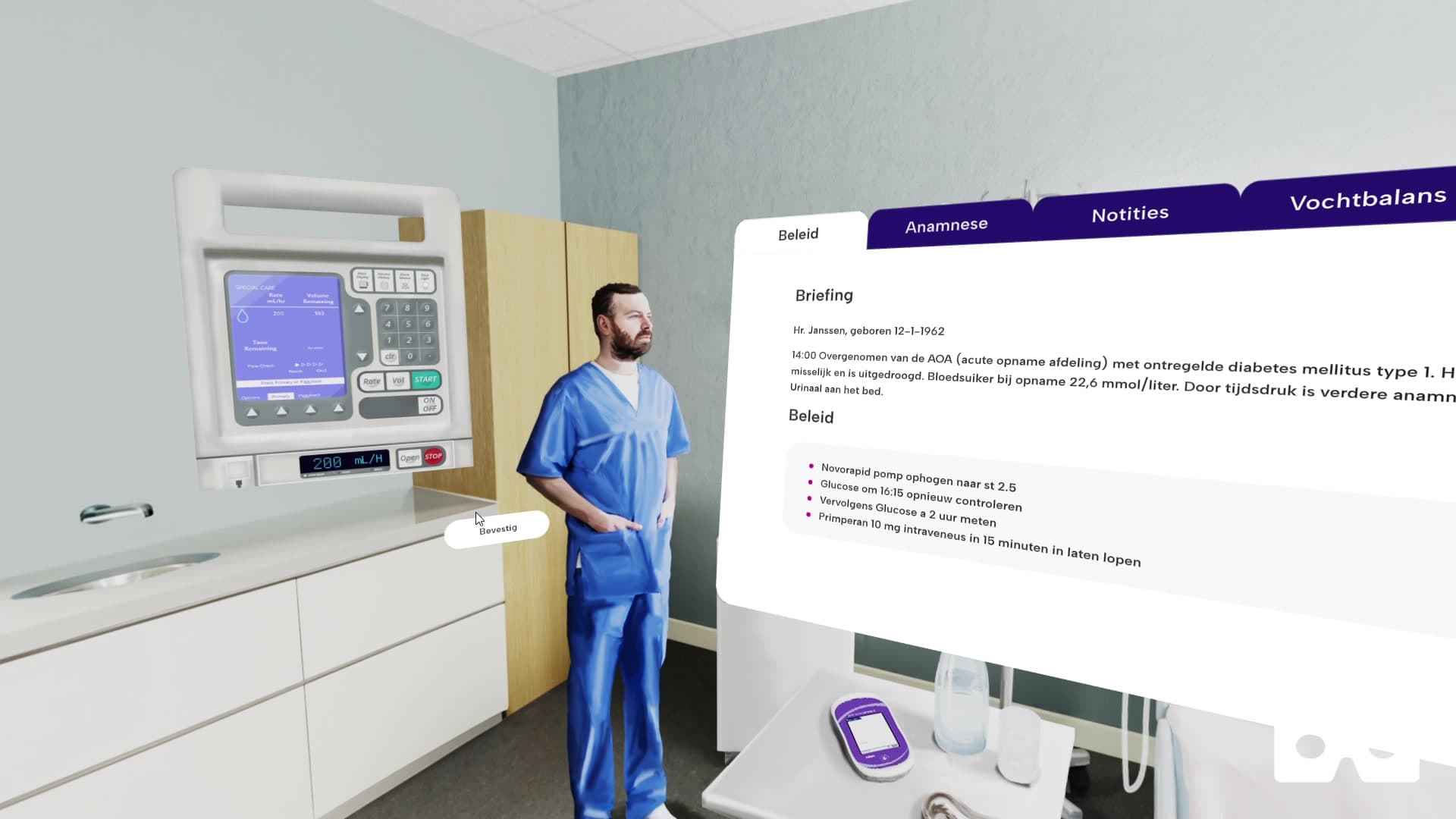 The doctor has arrived after being called. The dossier's treatment plan shows the new instructions, including adjusting the Novorapid pump rate and administering Primperan IV in 15 minutes.