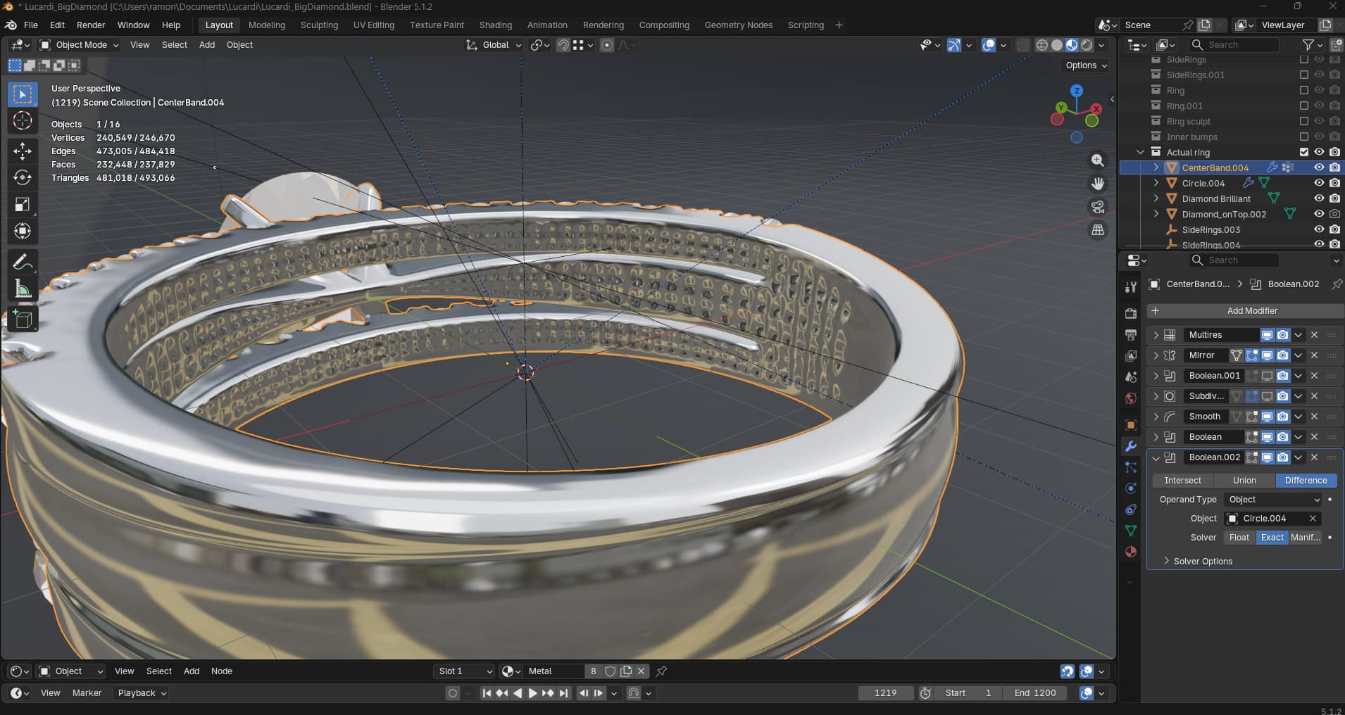 Building the inner band pattern in Blender. The repeating facets are sculpted on a multiresolution layer, so the base mesh underneath stays untouched.