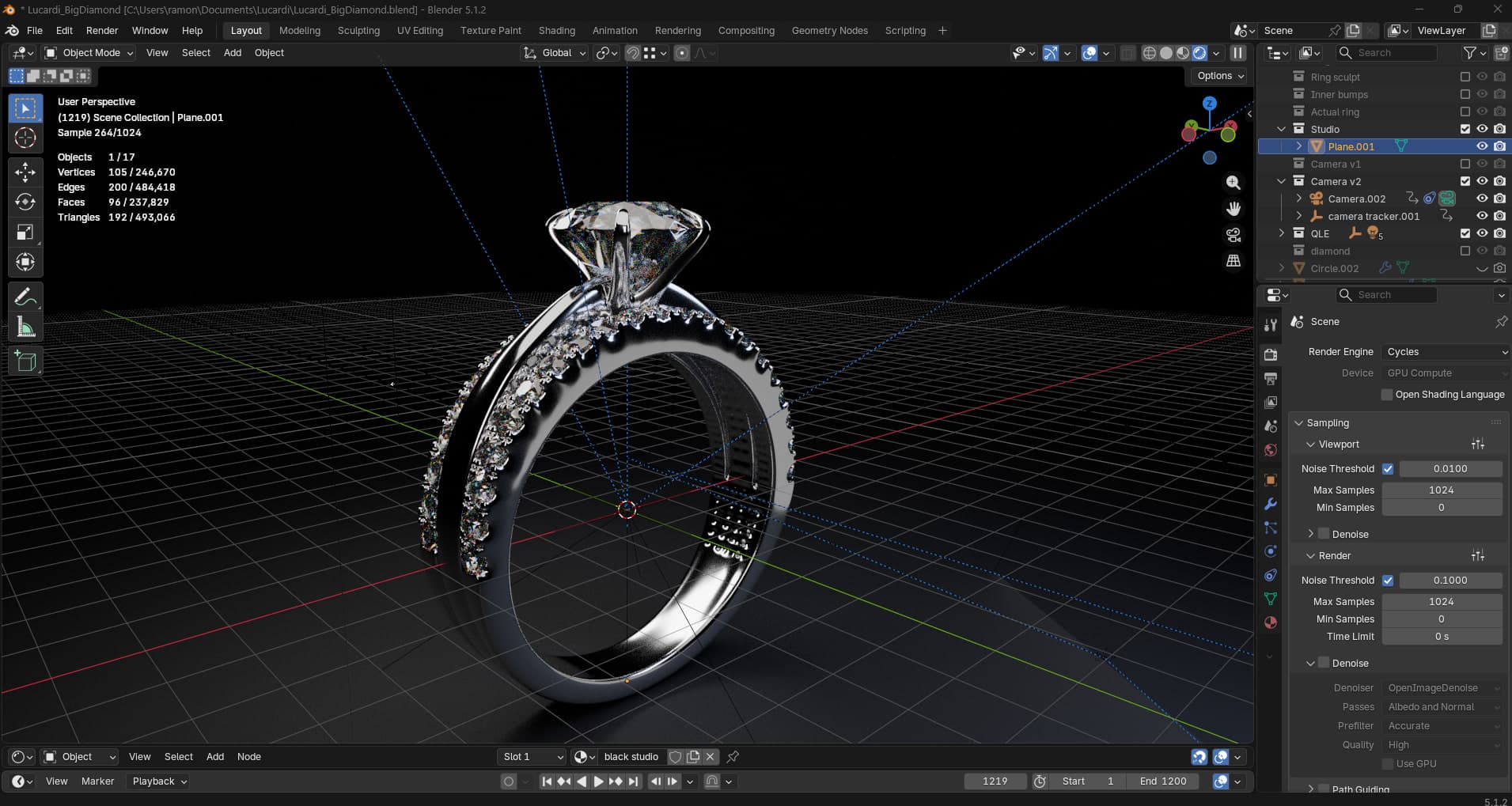 The solitaire ring in the Blender viewport with the studio light rig visible in the scene.