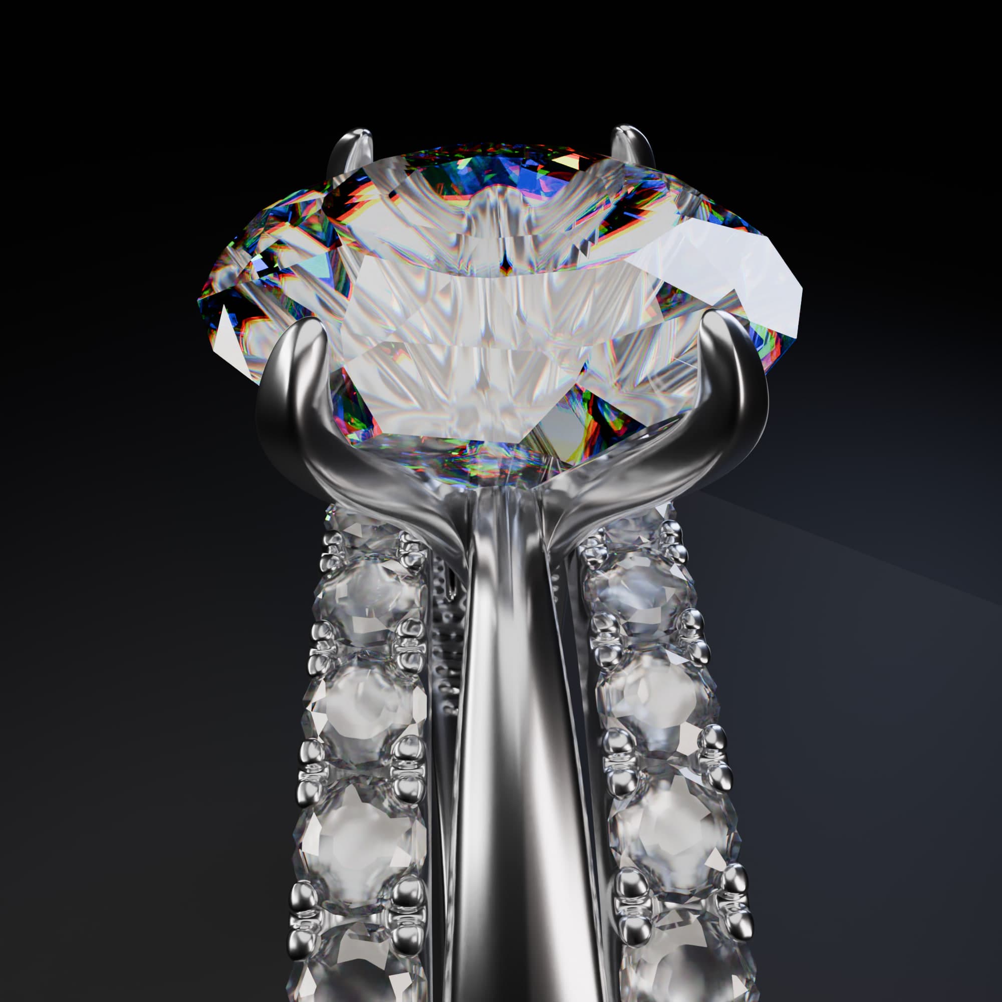 A close-up on the center stone and the smaller stones set along the band.