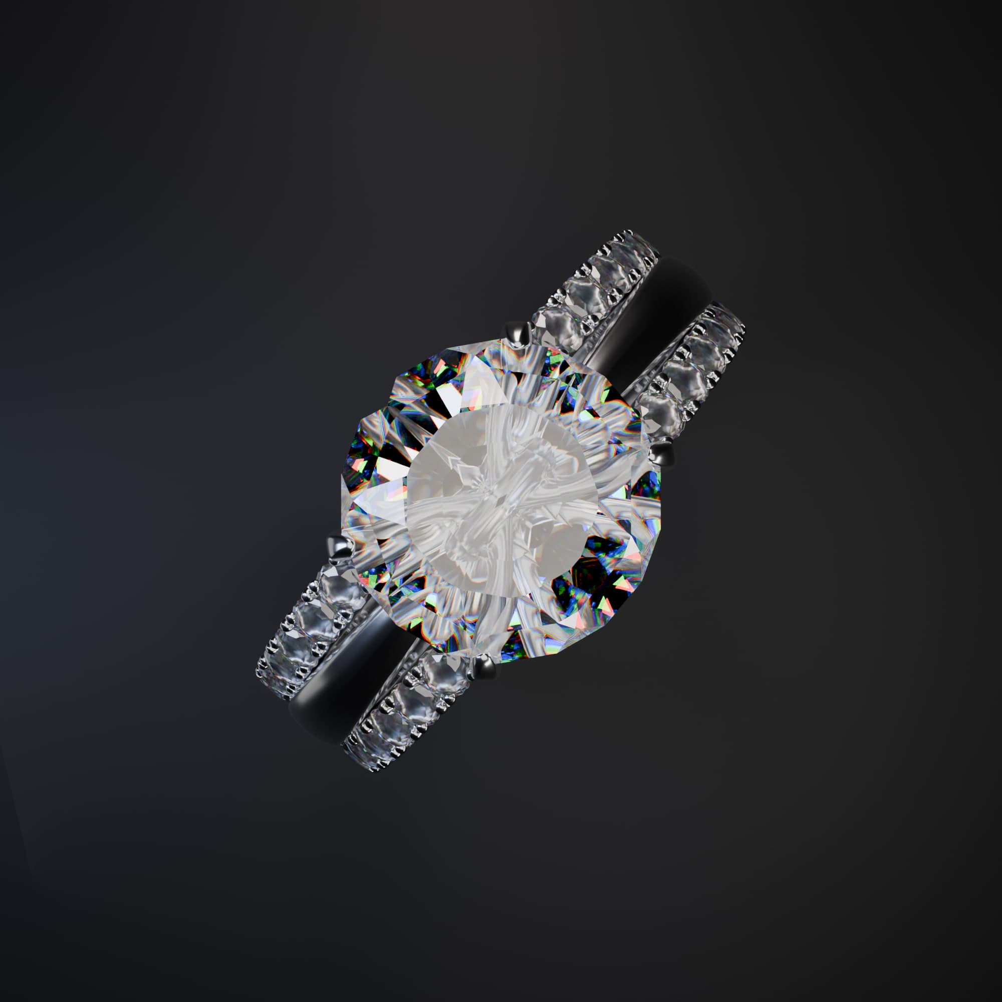 The solitaire ring viewed from directly above, showing the full spread of stones along the band.