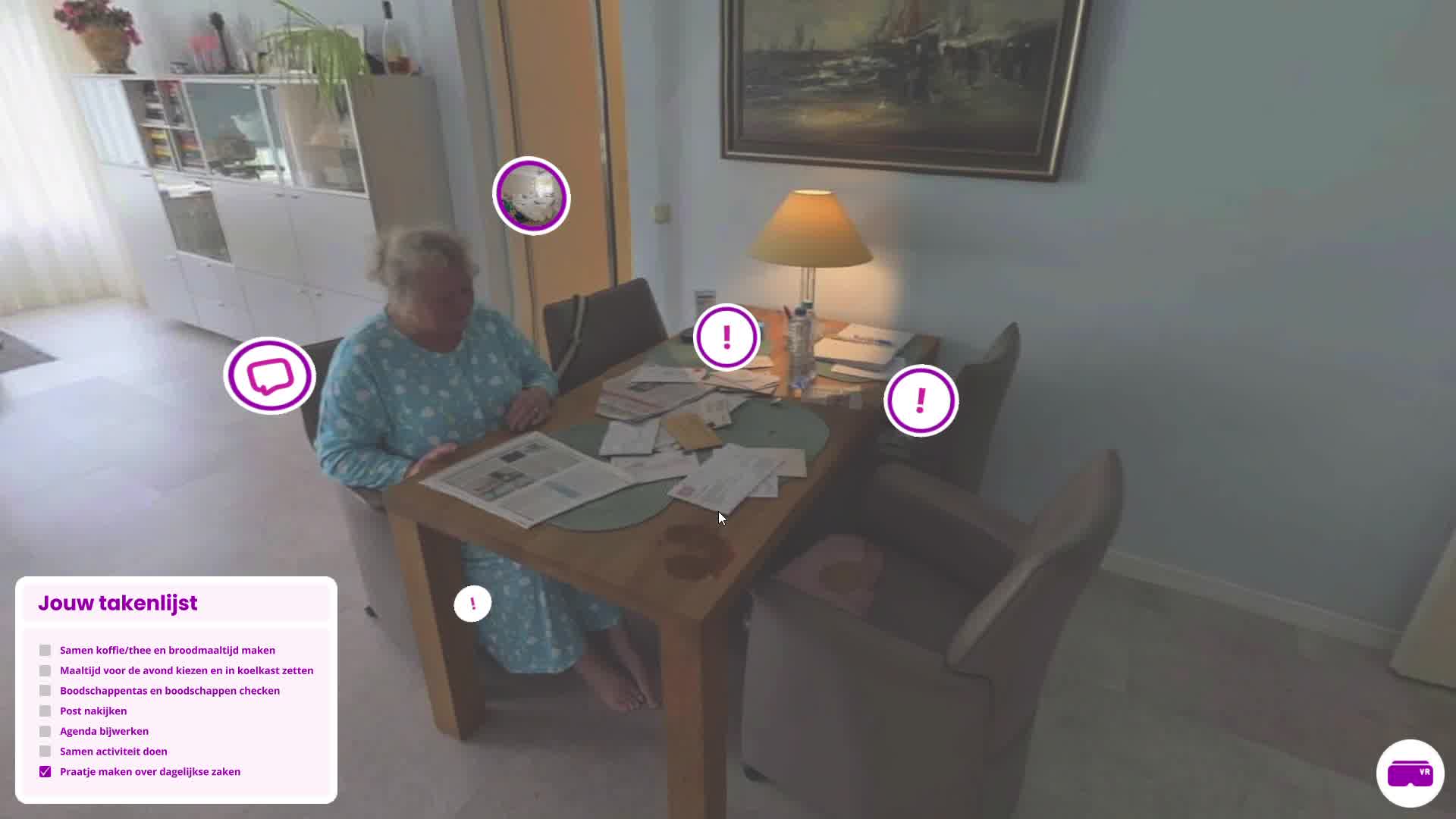 The three hotspot types in one shot: conversation, examination, and room navigation, plus a completed task on the checklist.