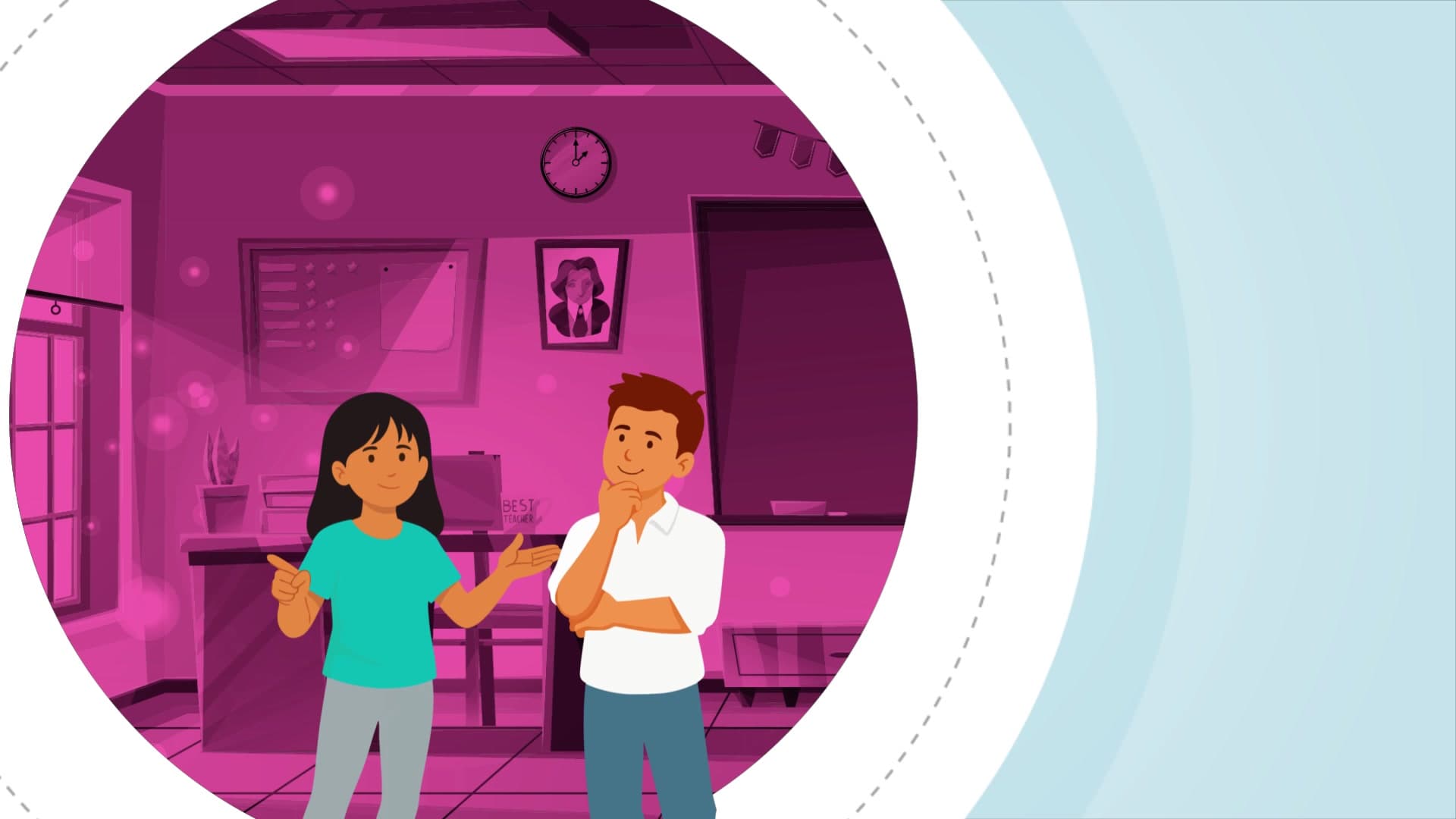 A classroom scene shown through the video's circular vignette frame.