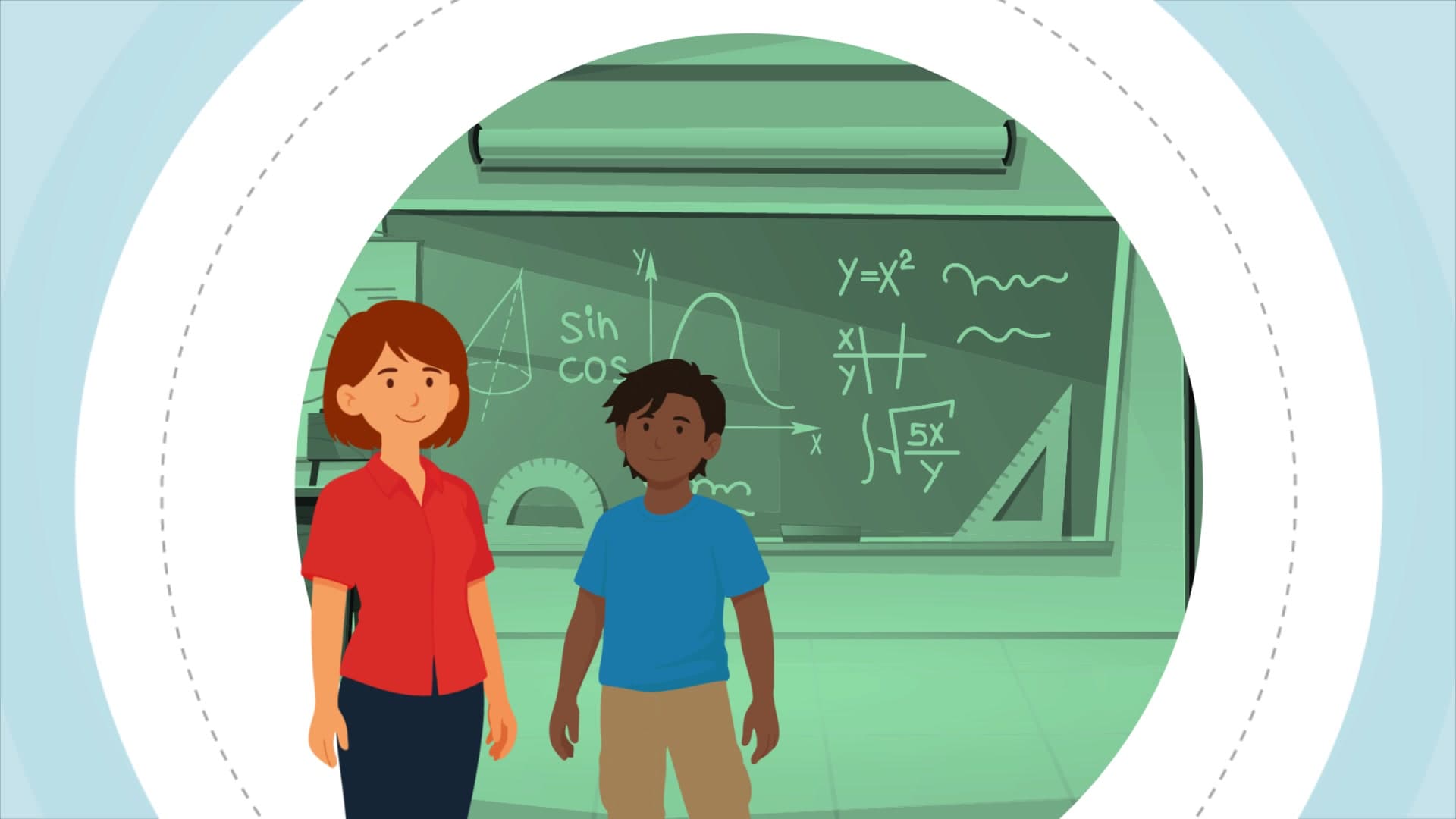 A teacher and student in a math classroom, one of several illustrated school scenes.