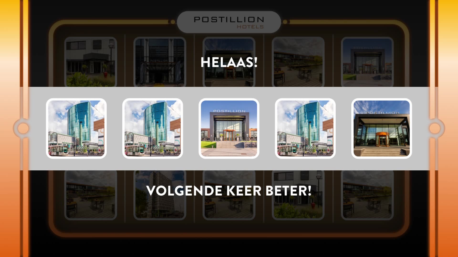 Lose result. The center row fans out and is spotlit against a darkened grid. 'Helaas! Volgende keer beter!' The machine resets automatically after 10 seconds.