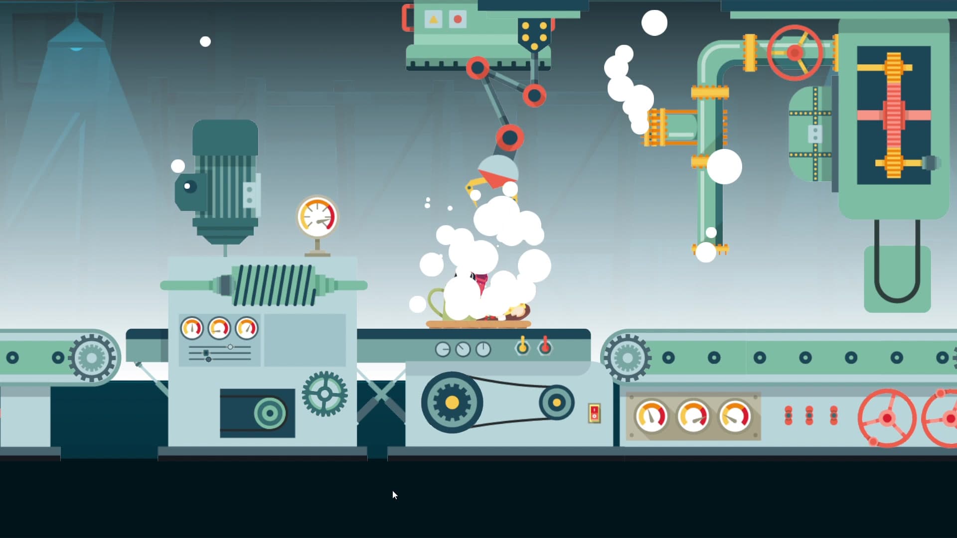 The smoke burst animation after an answer is placed. A cloud of white puff particles rises from the gift as the factory arm deposits the new layer. The smoke clears before the machine scrolls on.