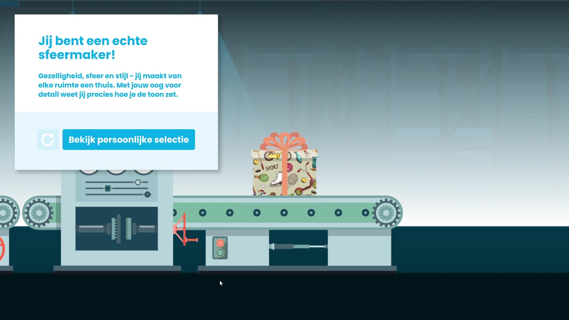 The conclusion screen. The result is 'Sfeermaker' (Vibe Setter), with a short personalised description. The finished gift sits wrapped on the conveyor with a bow and a pattern made from the user's answer imagery. The button links directly to the matching product category in the Sligro webshop.