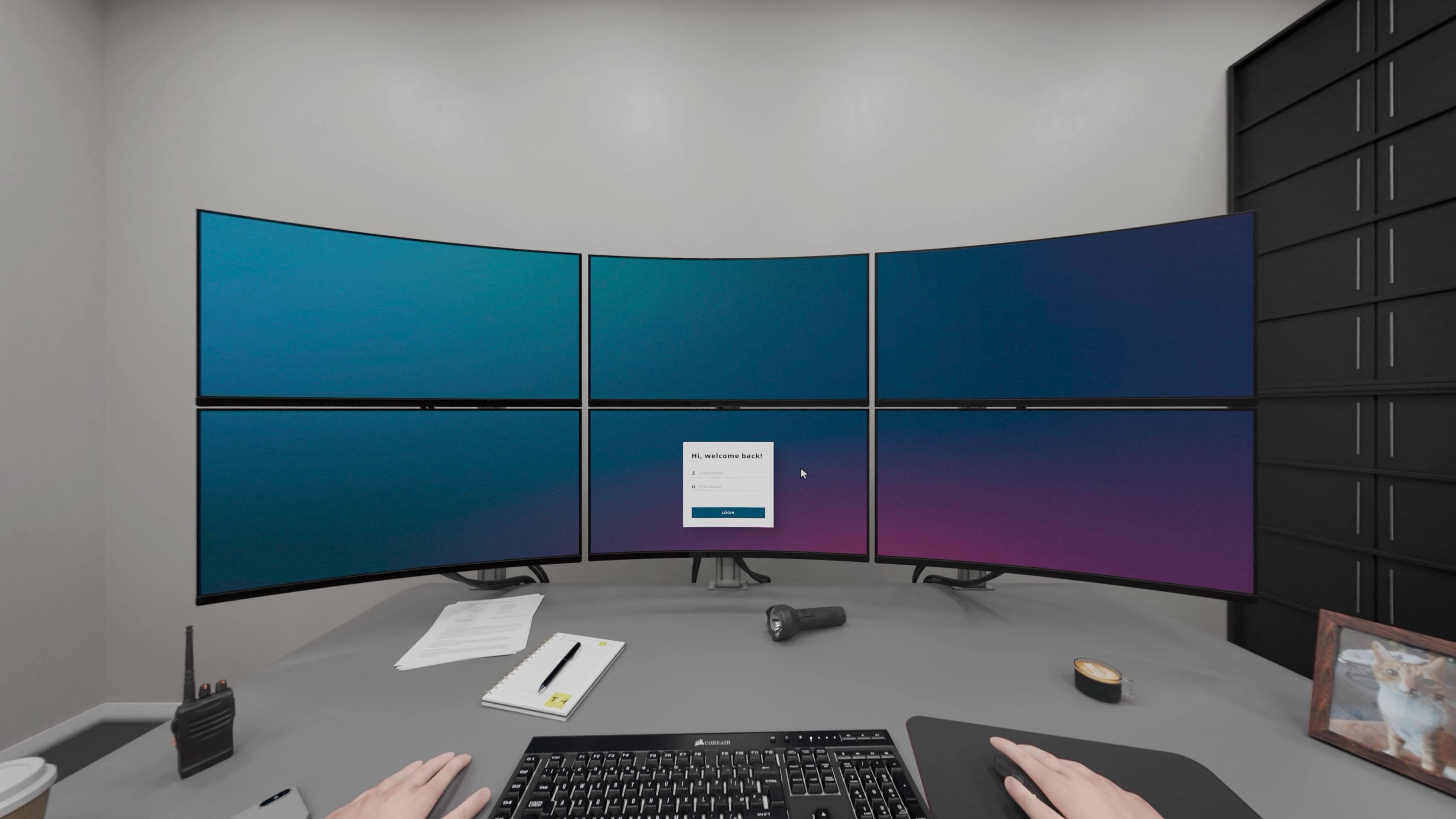 The security office. A curved wall of six monitors above a desk with a radio, notepad, and coffee, booting up with a login screen at the start of the animation.
