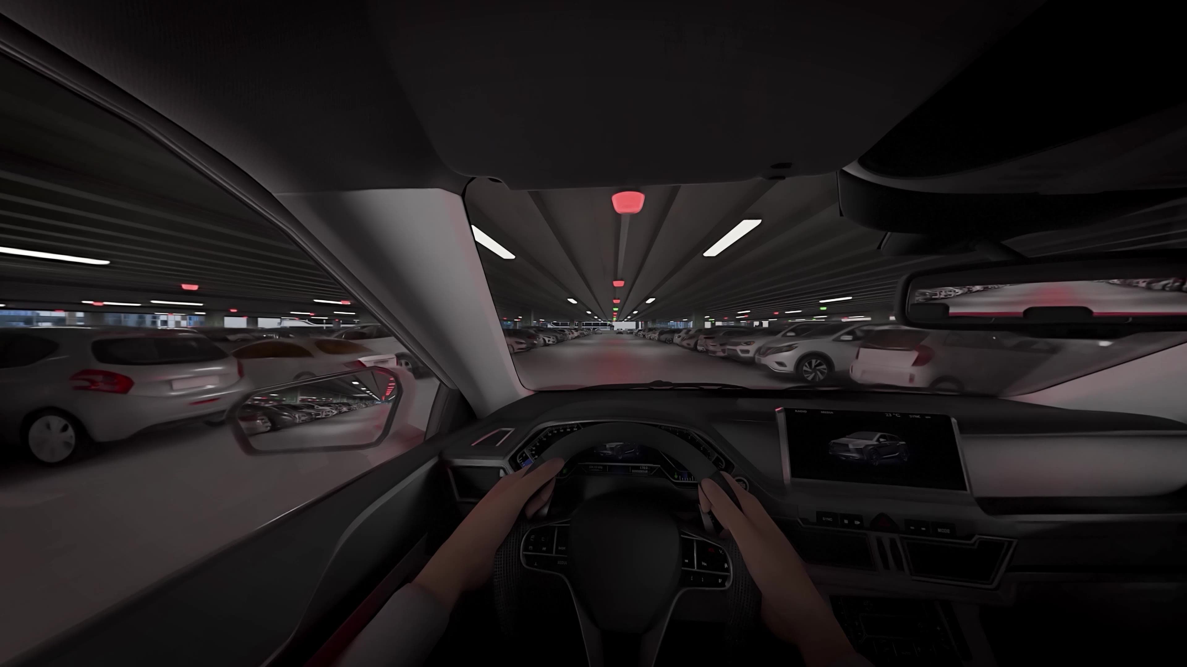M5 smart-sensors above each space, showing red for occupied and green for free as the car drives the aisle.