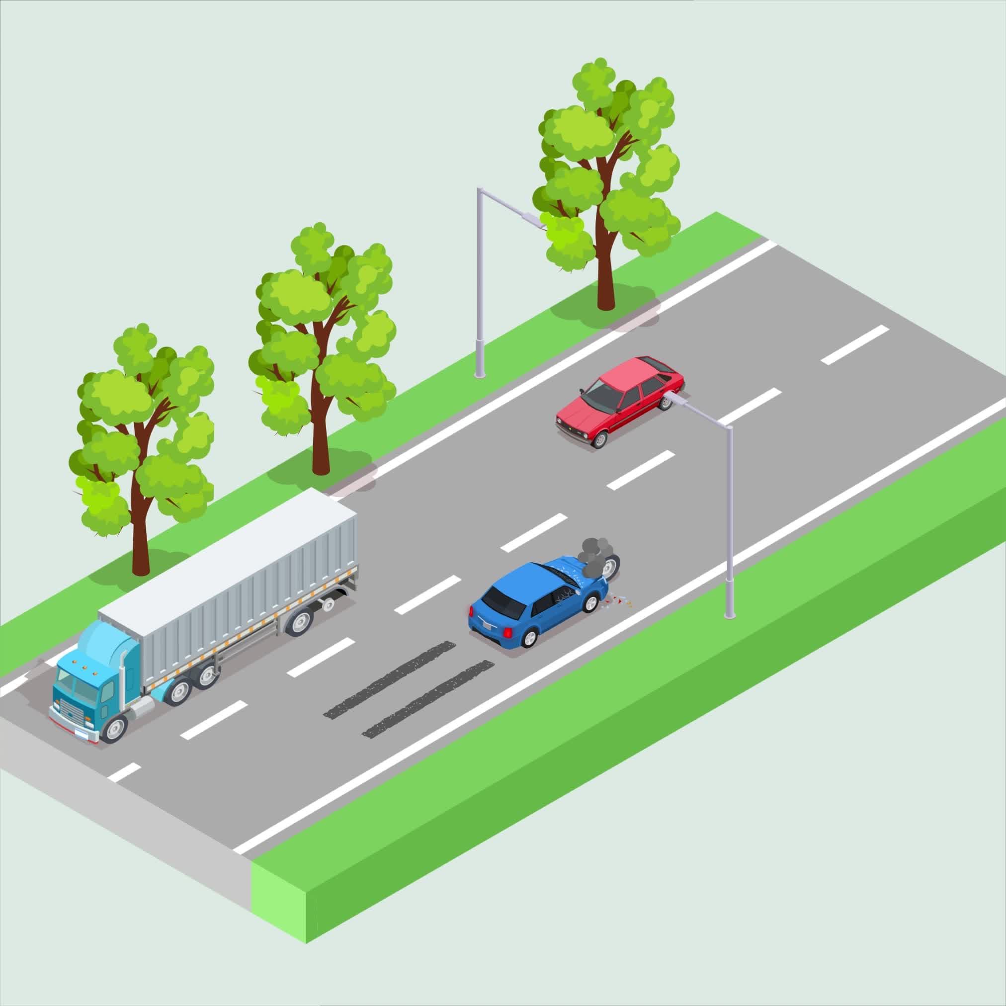 A wheel comes loose from a truck in traffic, one of the consequence animations for a missed tire check.
