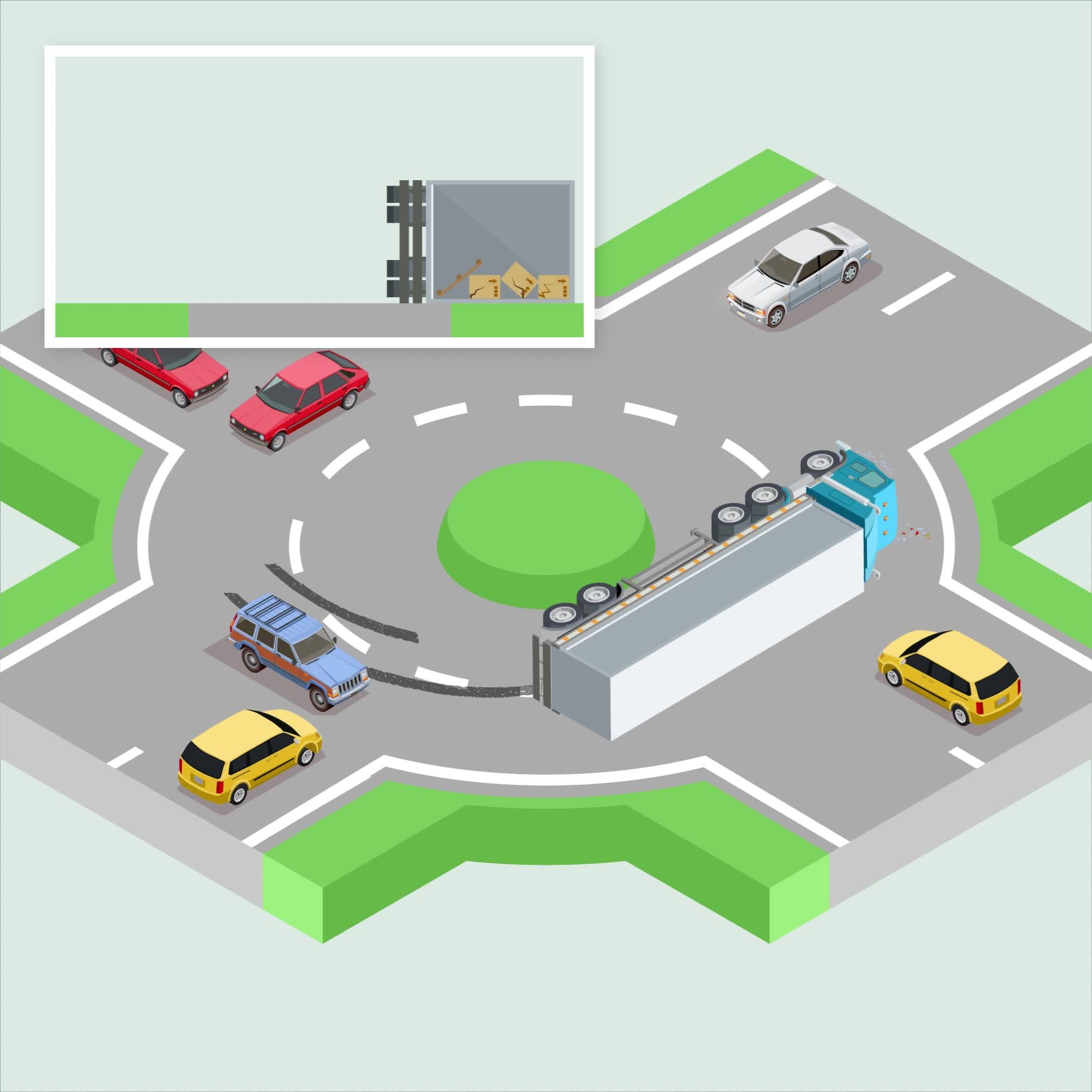 A truck tipped over on a roundabout, with an inset panel showing the damaged cargo inside.