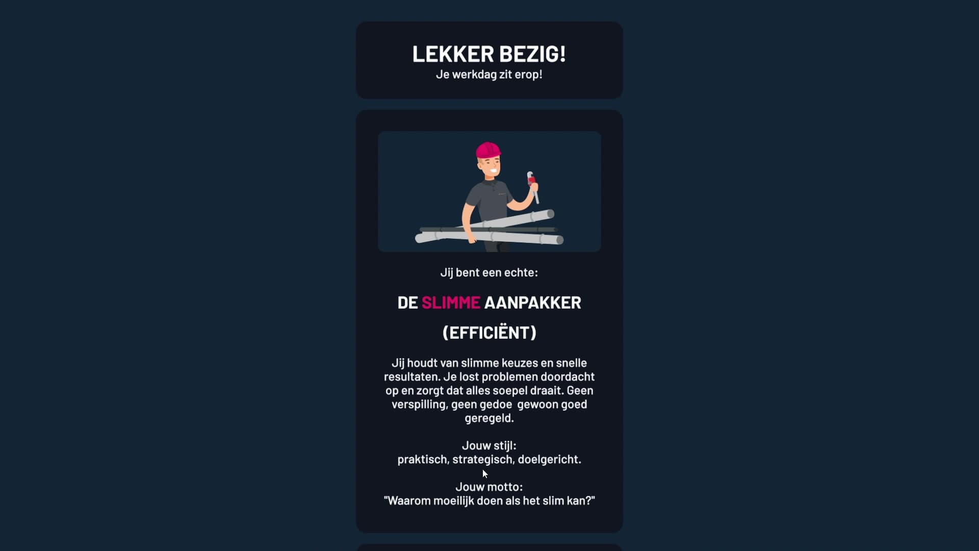 The end screen. The player's choices throughout the day add up to a personality result, here 'De Slimme Aanpakker' (The Smart Operator), with a short description of their style and motto.