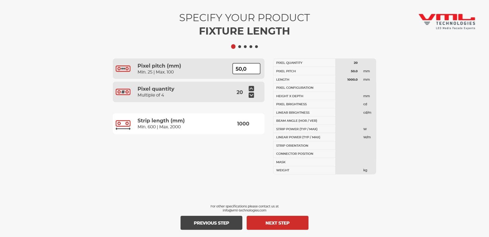 Setting the pixel pitch and strip length, with the full spec table on the right updating live as values change.