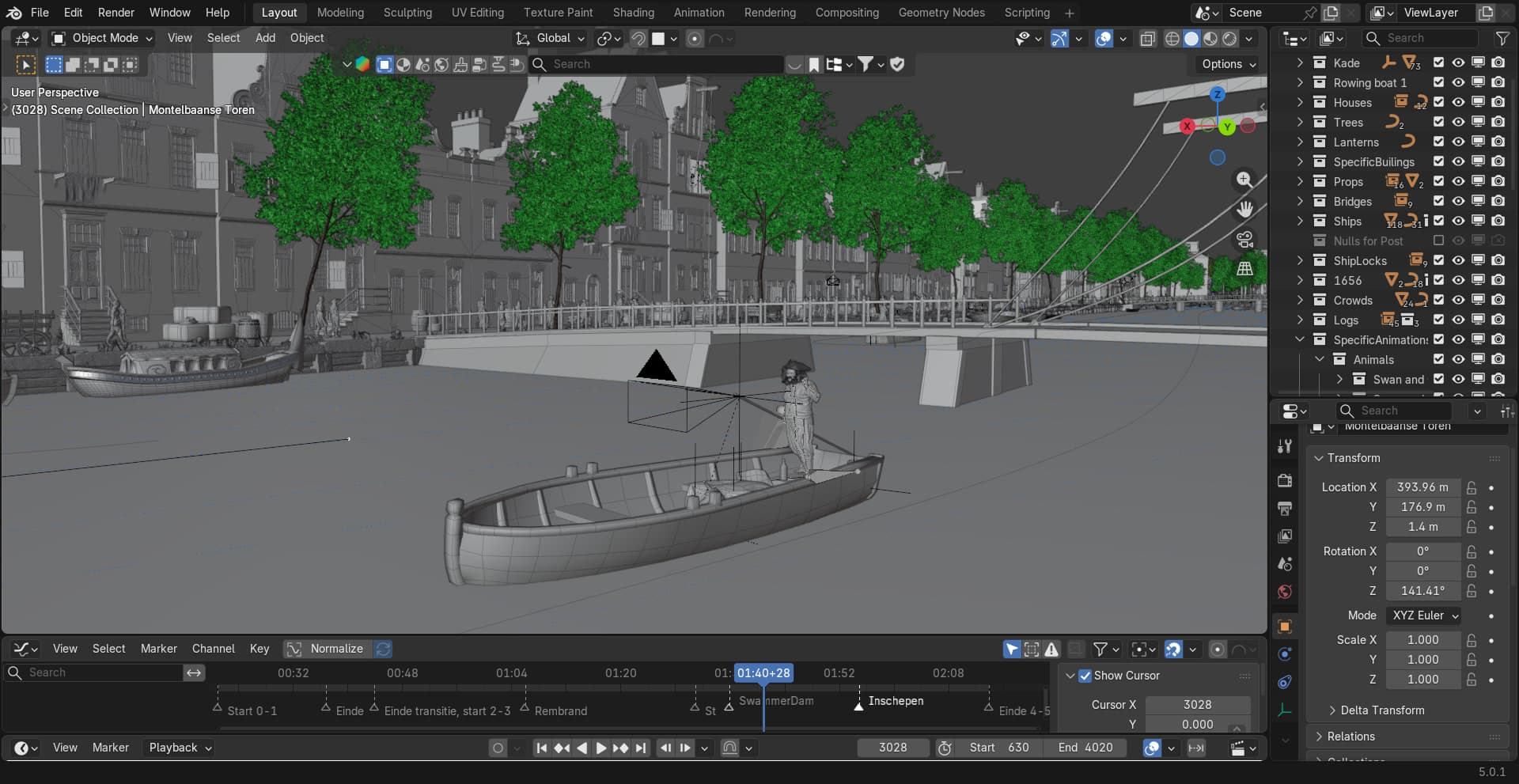 An animated rower placed in the scene, with his path along the canal visible.