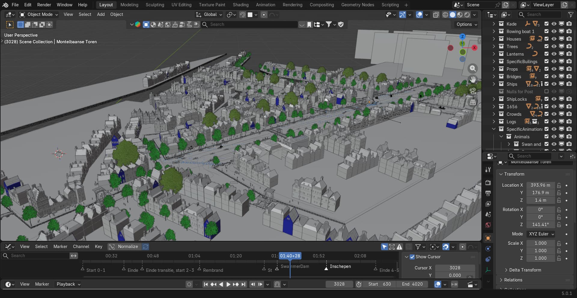 Overhead viewport view of a full scene layout, city blocks and canals at real-world scale.