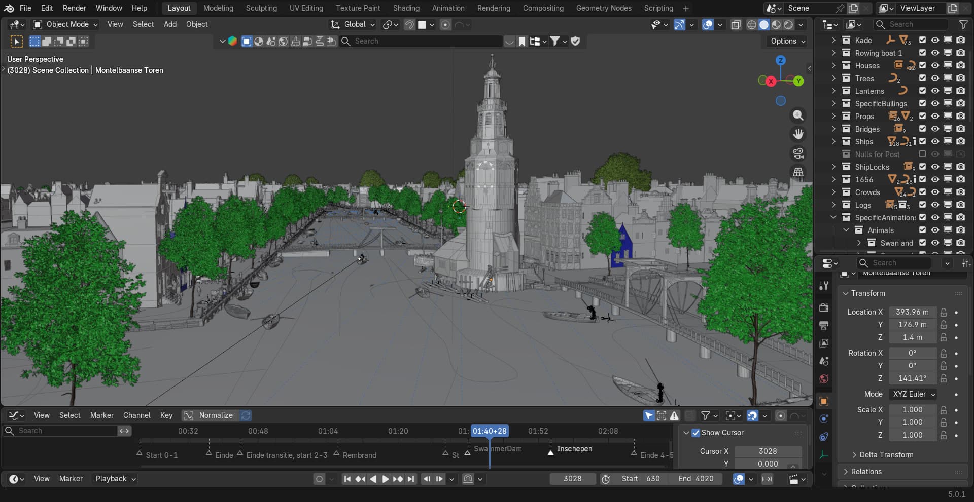 The Montelbaanstoren rising above the canal, still untextured.