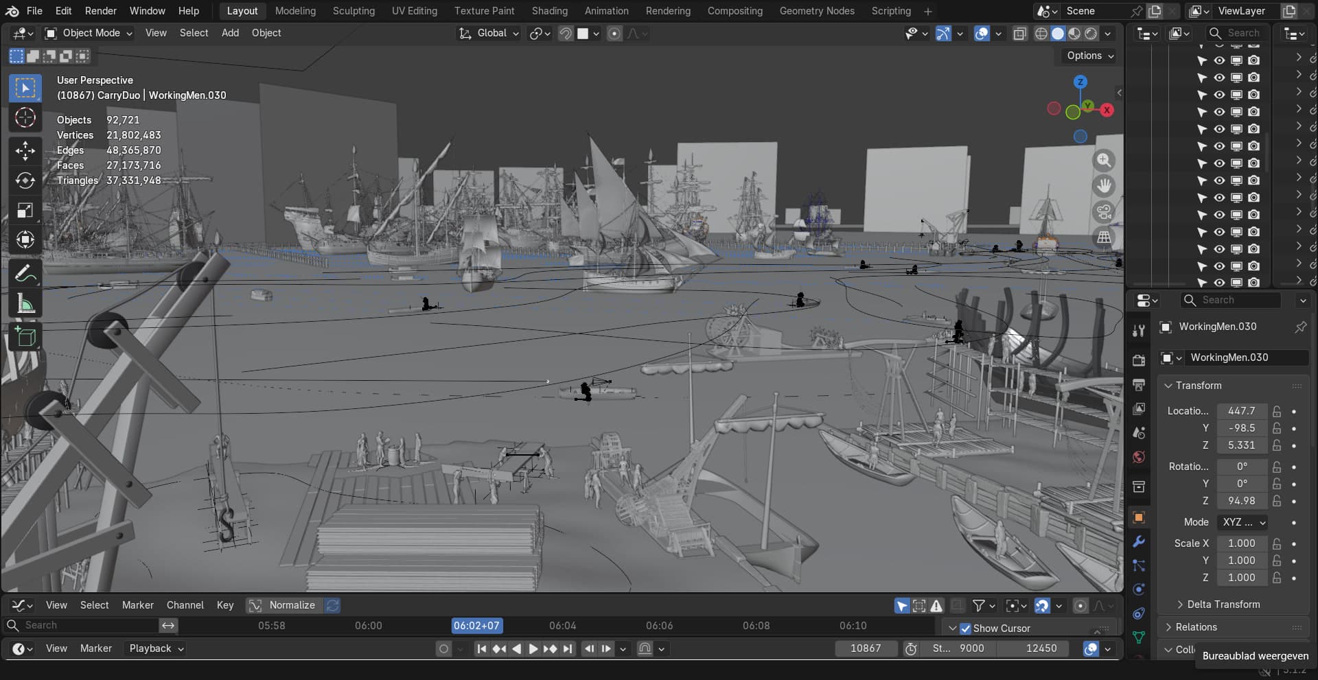 The harbor scene in plain gray, before materials and lighting.