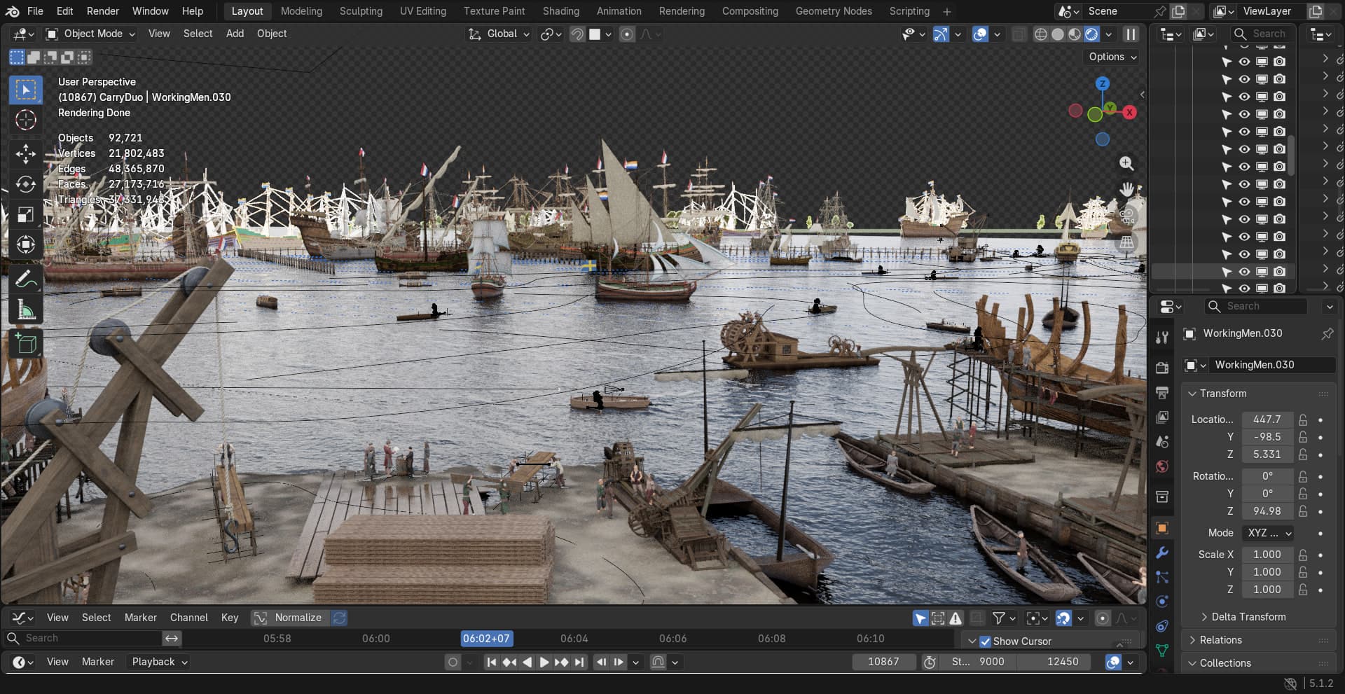 The same harbor with materials, water, and lighting applied. Period ships at anchor as far as the eye can see.