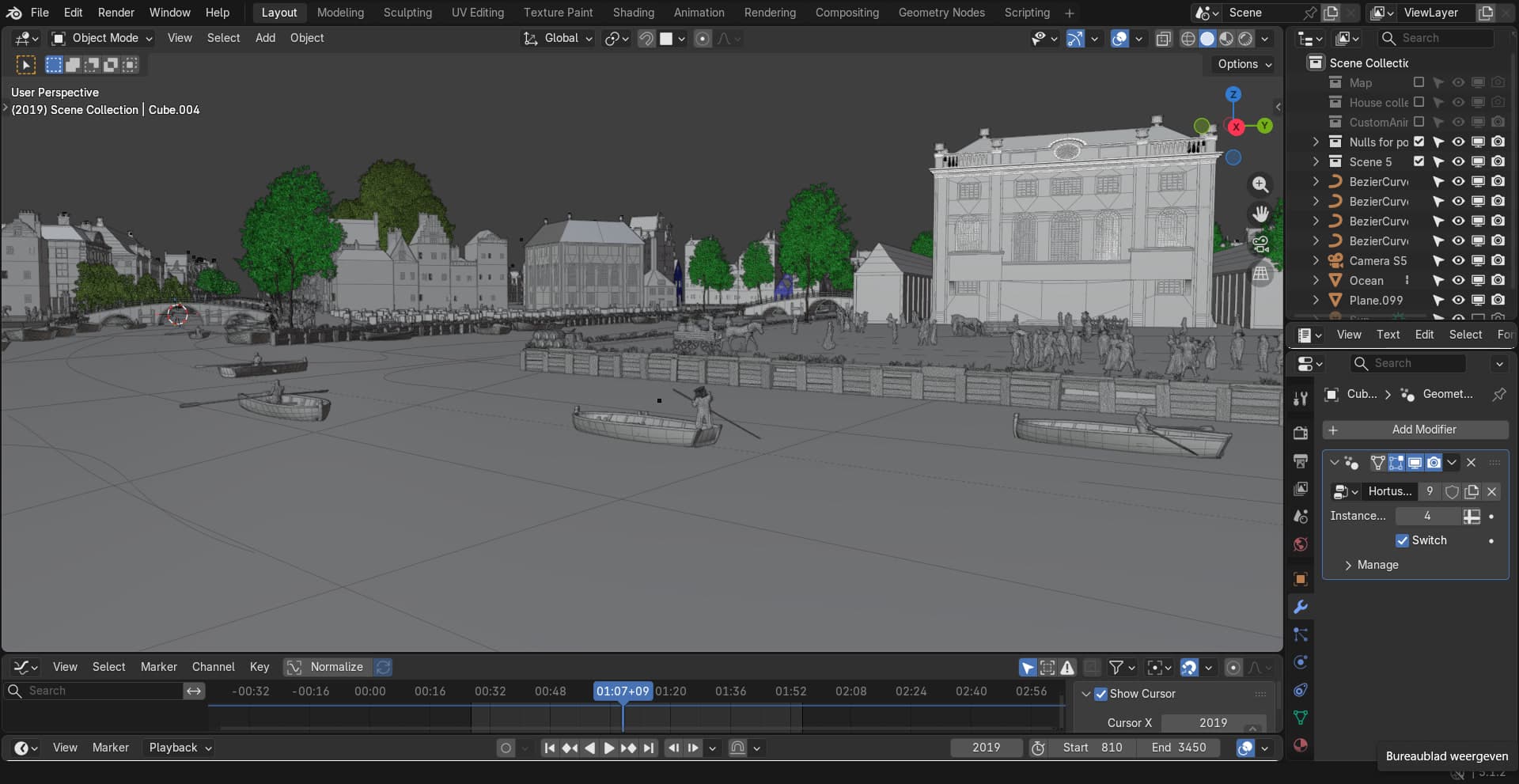 An early blockout of the waterfront scene, before materials and the crowd along the quay were added.