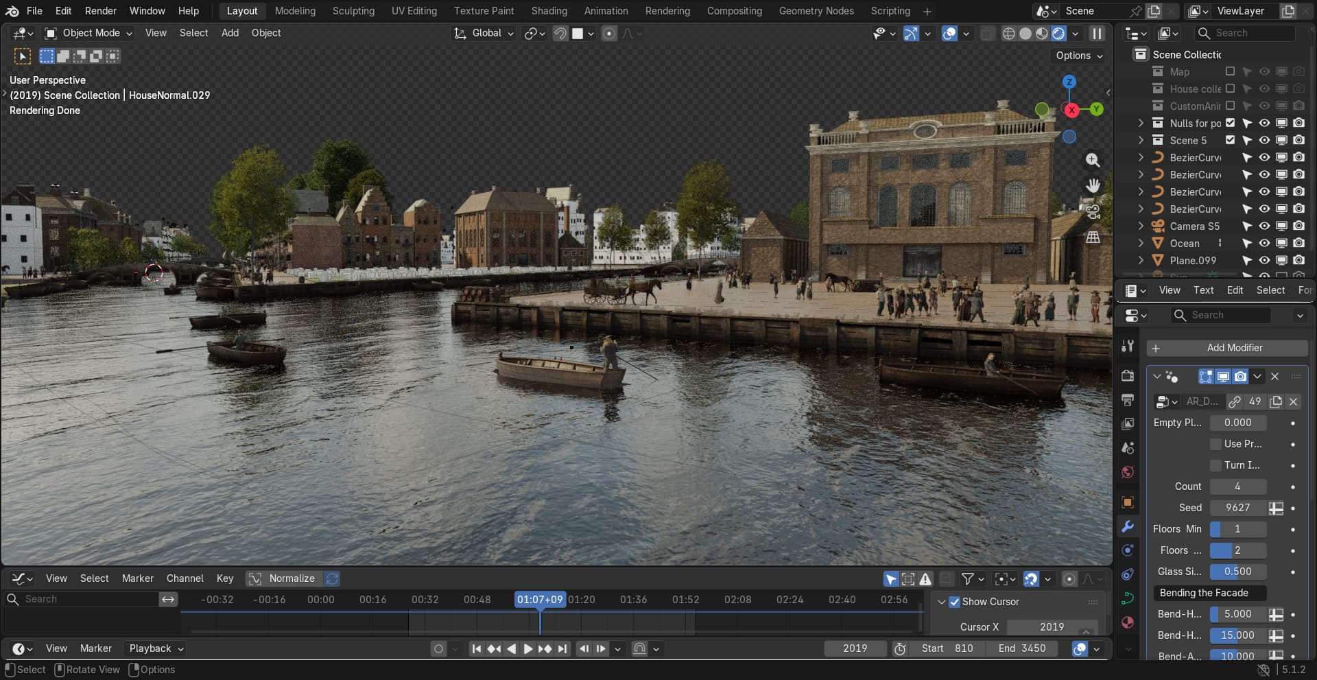 Textured waterfront scene with crowds gathering along the quay.